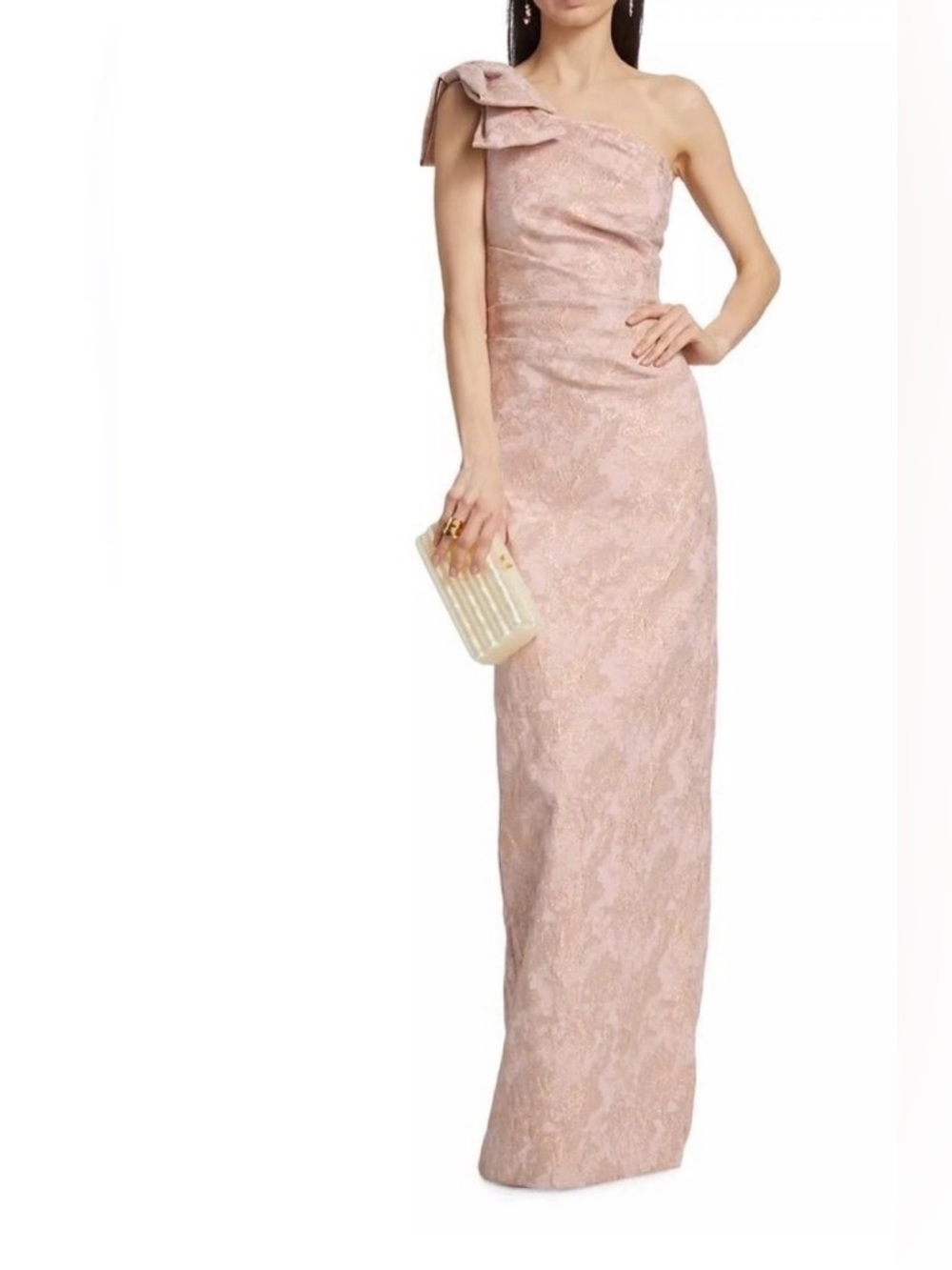 Rickie Freeman for Teri Jon One-Shoulder Blush Jacquard Gown